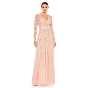 MAC DUGGAL embellished illusion long sleeve A-line gown in peach 6 NWT